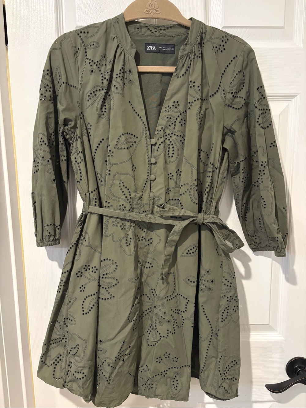 Zara Olive Green Eyelet Tie-Waist Mini Dress